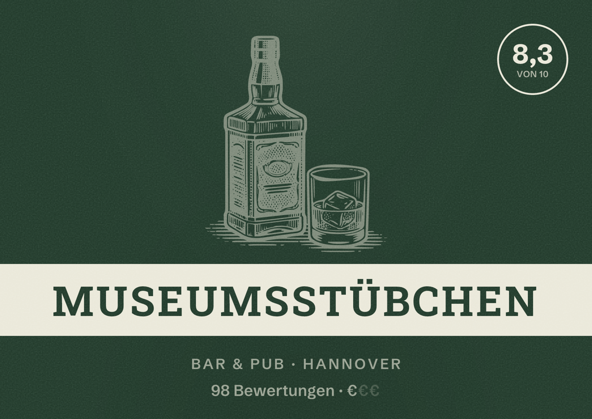 Illustriertes Poster von Museumsstübchen, Bar & Pub in Hannover: Bewertung 8,3 von 10 aus 98 Bewertungen, Preisniveau €