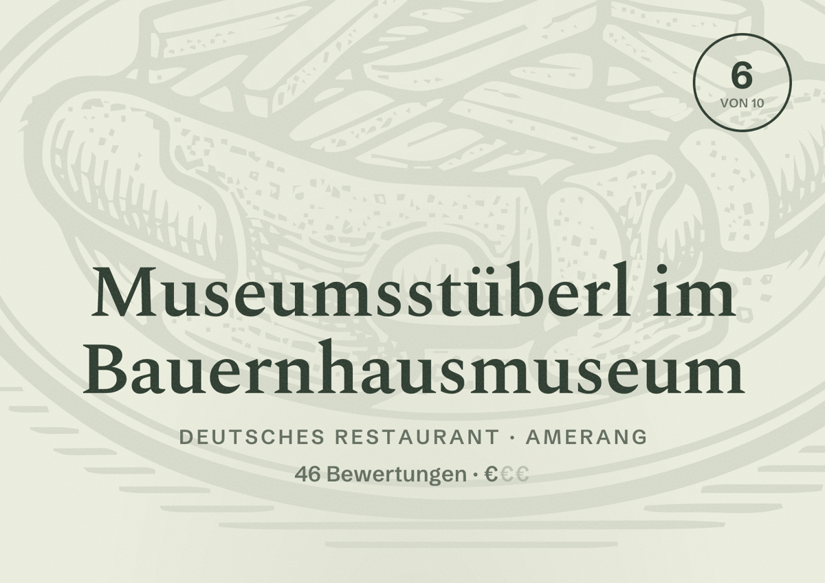 Illustriertes Poster von Museumsstüberl im Bauernhausmuseum, Deutsches Restaurant in Amerang: Bewertung 6 von 10 aus 46 Bewertungen, Preisniveau €