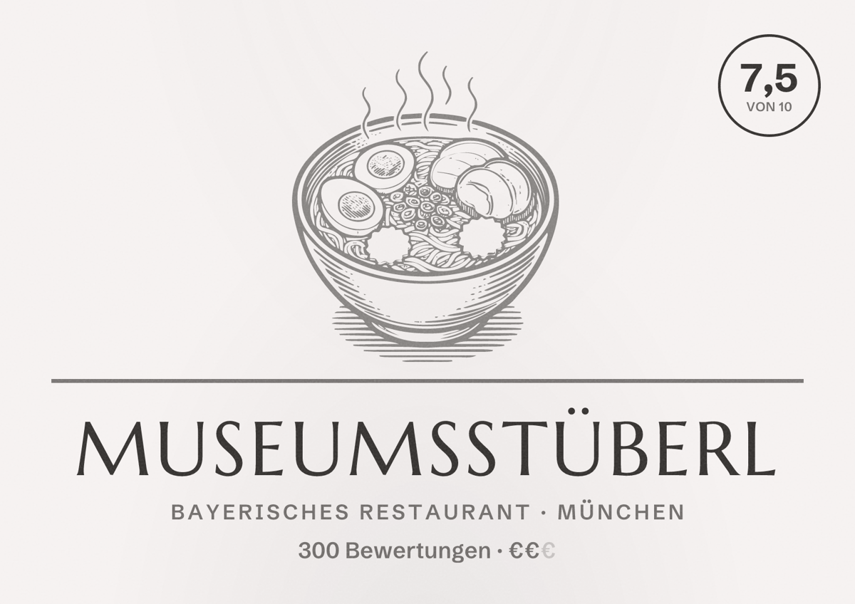 Illustriertes Poster von Museumsstüberl, Bayerisches Restaurant in München: Bewertung 7,5 von 10 aus 300 Bewertungen, Preisniveau €€