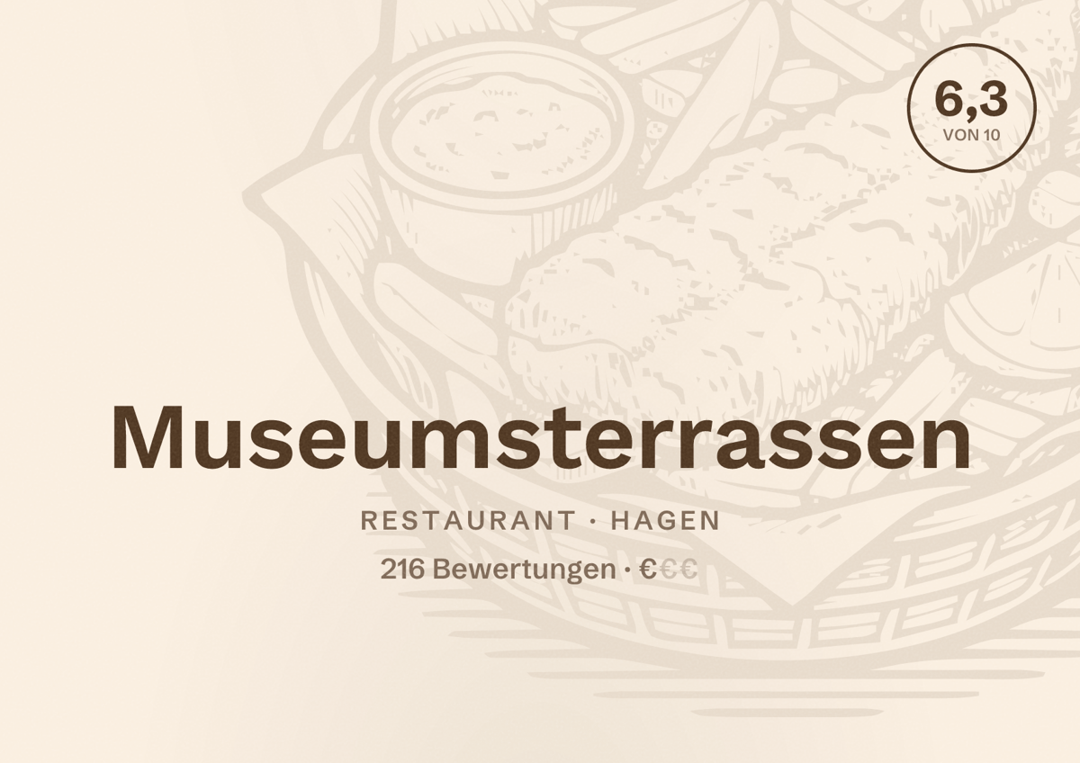 Illustriertes Poster von Museumsterrassen, Restaurant in Hagen: Bewertung 6,3 von 10 aus 216 Bewertungen, Preisniveau €
