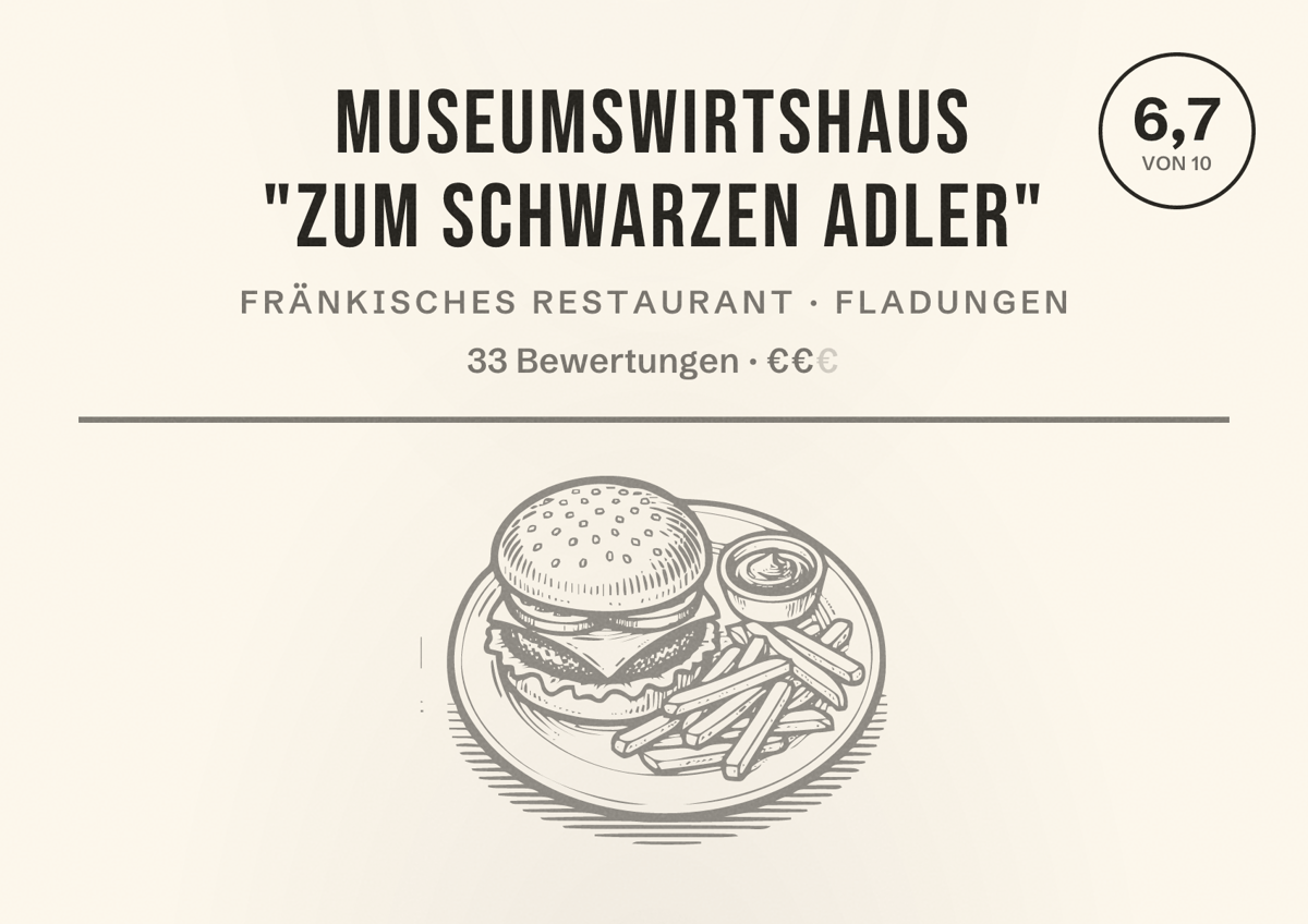 Illustriertes Poster von Museumswirtshaus "Zum Schwarzen Adler", Fränkisches Restaurant in Fladungen: Bewertung 6,7 von 10 aus 33 Bewertungen, Preisniveau €€