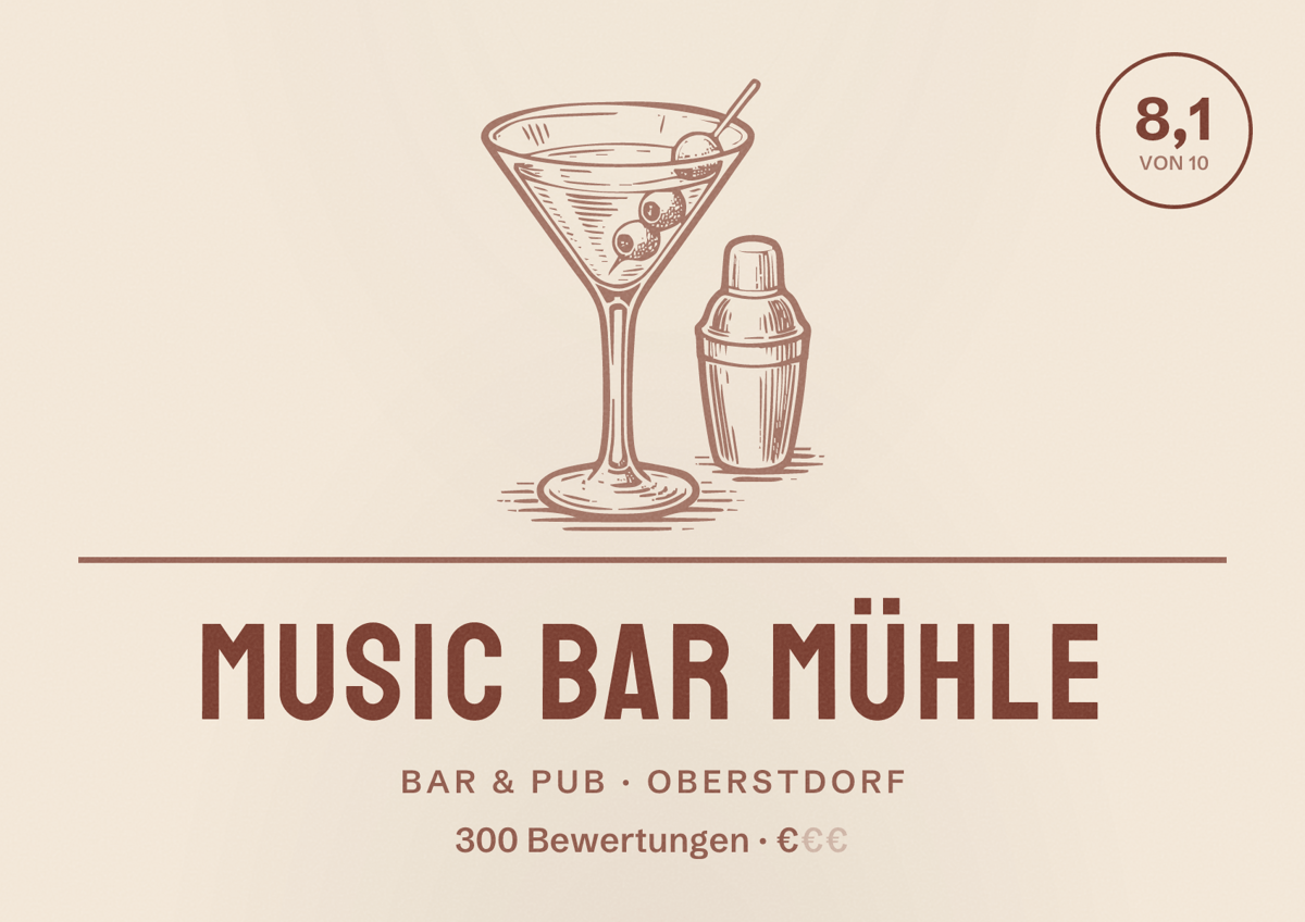 Illustriertes Poster von Music Bar Mühle, Bar & Pub in Oberstdorf: Bewertung 8,1 von 10 aus 300 Bewertungen, Preisniveau €