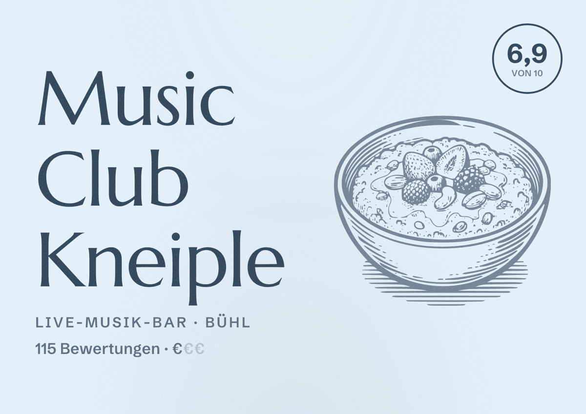 Illustriertes Poster von Music Club Kneiple, Live-Musik-Bar in Bühl: Bewertung 6,9 von 10 aus 115 Bewertungen, Preisniveau €