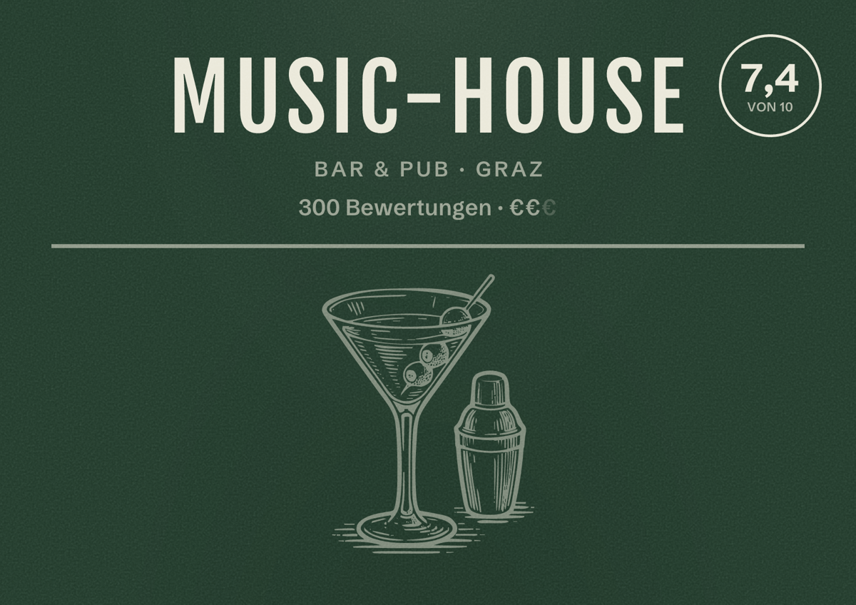 Illustriertes Poster von Music-House, Bar & Pub in Graz: Bewertung 7,4 von 10 aus 300 Bewertungen, Preisniveau €€