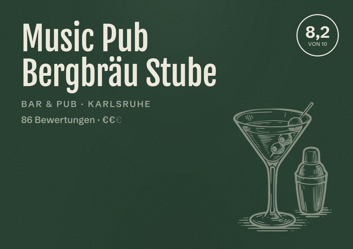 Illustriertes Poster von Music Pub Bergbräu Stube, Bar & Pub in Karlsruhe: Bewertung 8,2 von 10 aus 86 Bewertungen, Preisniveau €€
