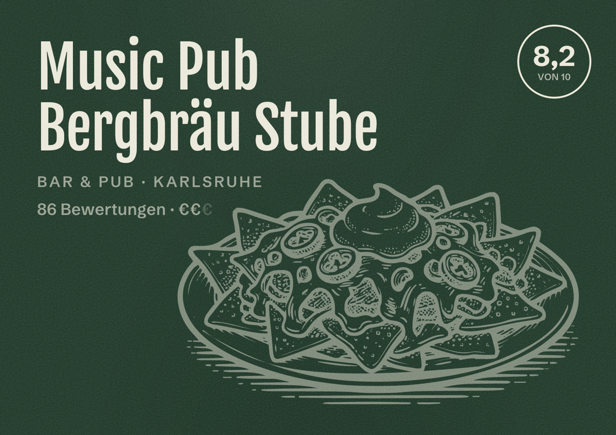 Illustriertes Poster von Music Pub Bergbräu Stube, Bar & Pub in Karlsruhe: Bewertung 8,2 von 10 aus 86 Bewertungen, Preisniveau €€