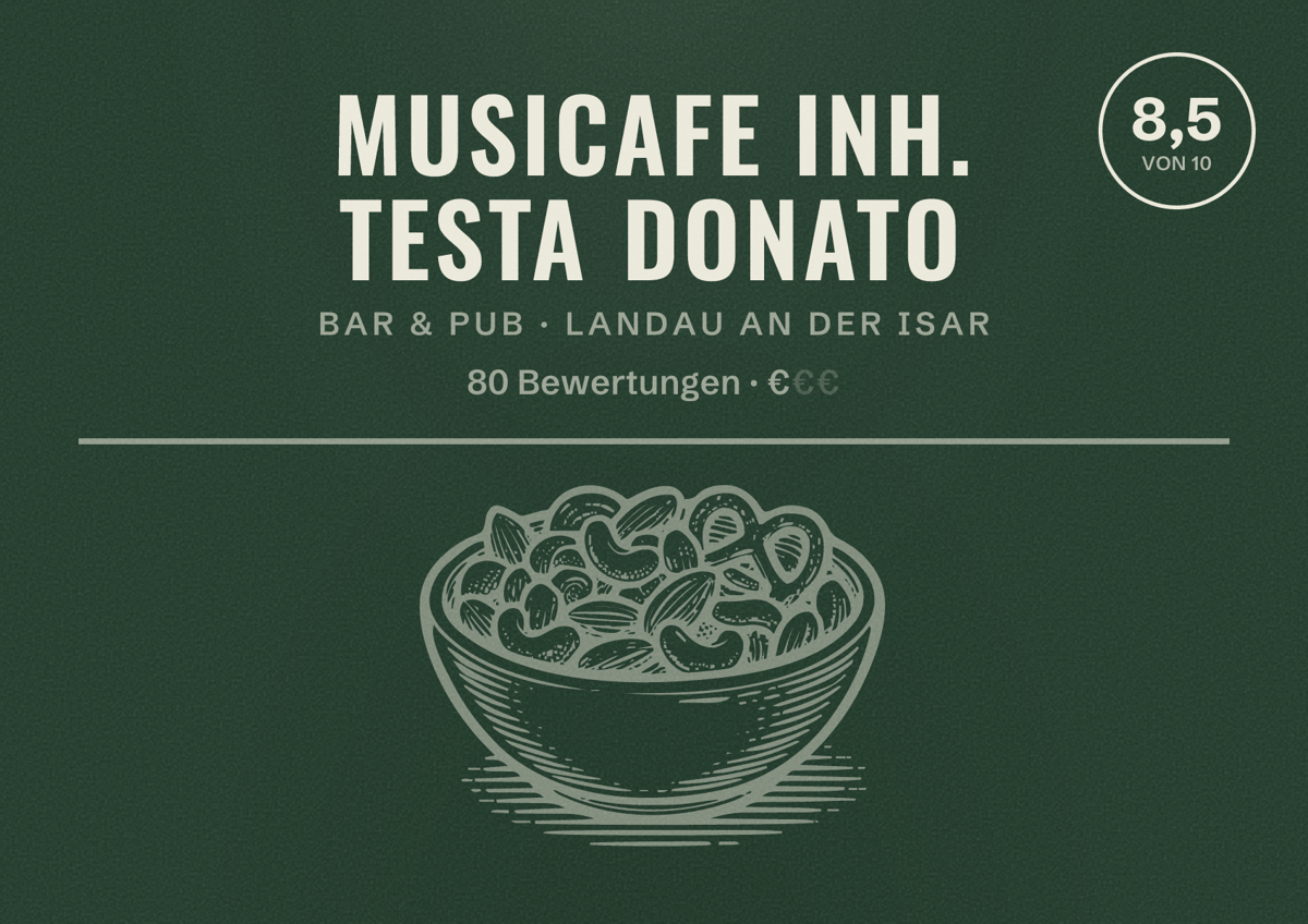 Illustriertes Poster von Musicafe Inh. Testa Donato, Bar & Pub in Landau an der Isar: Bewertung 8,5 von 10 aus 80 Bewertungen, Preisniveau €
