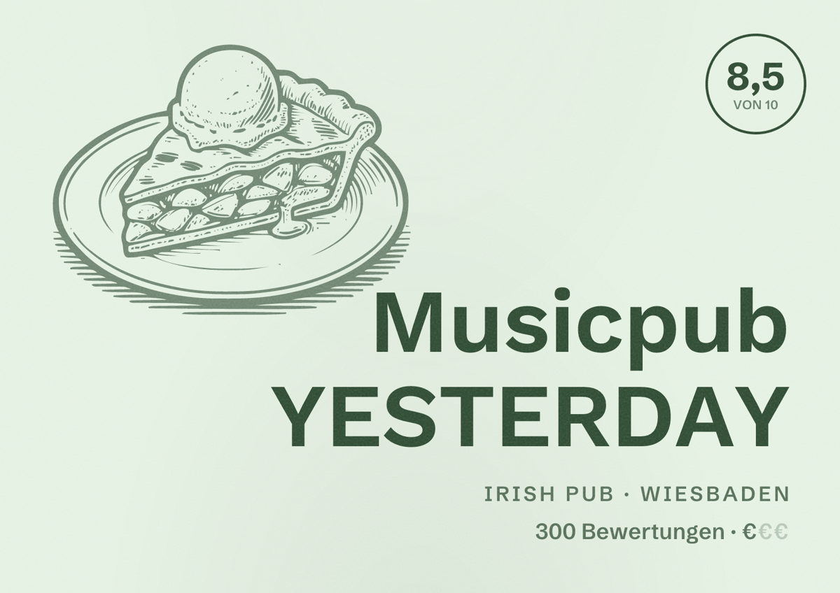 Illustriertes Poster von Musicpub YESTERDAY, Irish Pub in Wiesbaden: Bewertung 8,5 von 10 aus 300 Bewertungen, Preisniveau €