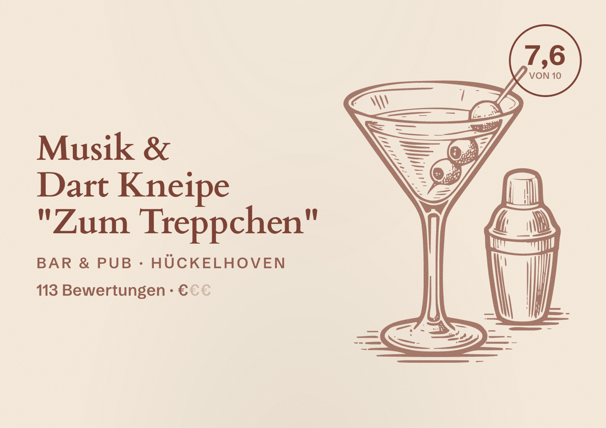 Illustriertes Poster von Musik & Dart Kneipe "Zum Treppchen", Bar & Pub in Hückelhoven: Bewertung 7,6 von 10 aus 113 Bewertungen, Preisniveau €