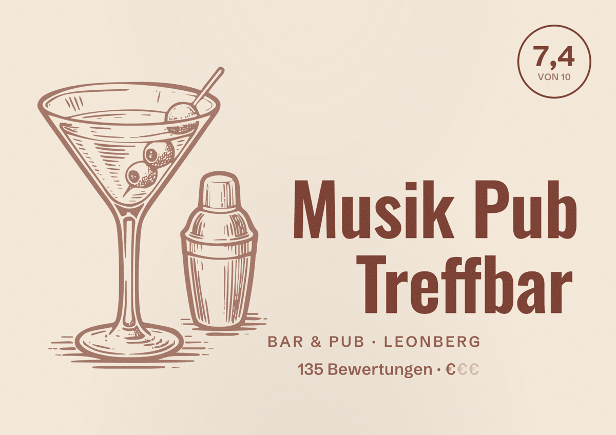 Illustriertes Poster von Musik Pub Treffbar, Bar & Pub in Leonberg: Bewertung 7,4 von 10 aus 135 Bewertungen, Preisniveau €