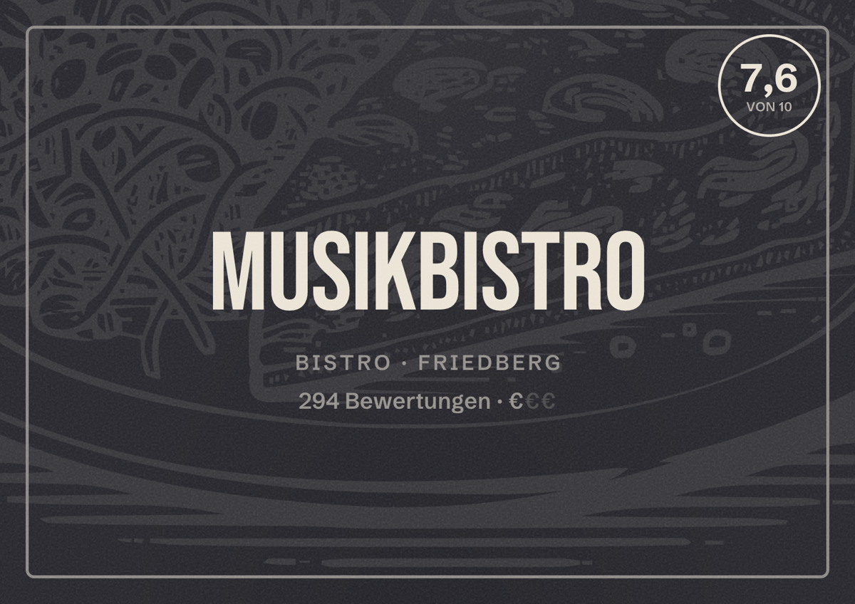 Illustriertes Poster von Musikbistro, Bistro in Friedberg: Bewertung 7,6 von 10 aus 294 Bewertungen, Preisniveau €