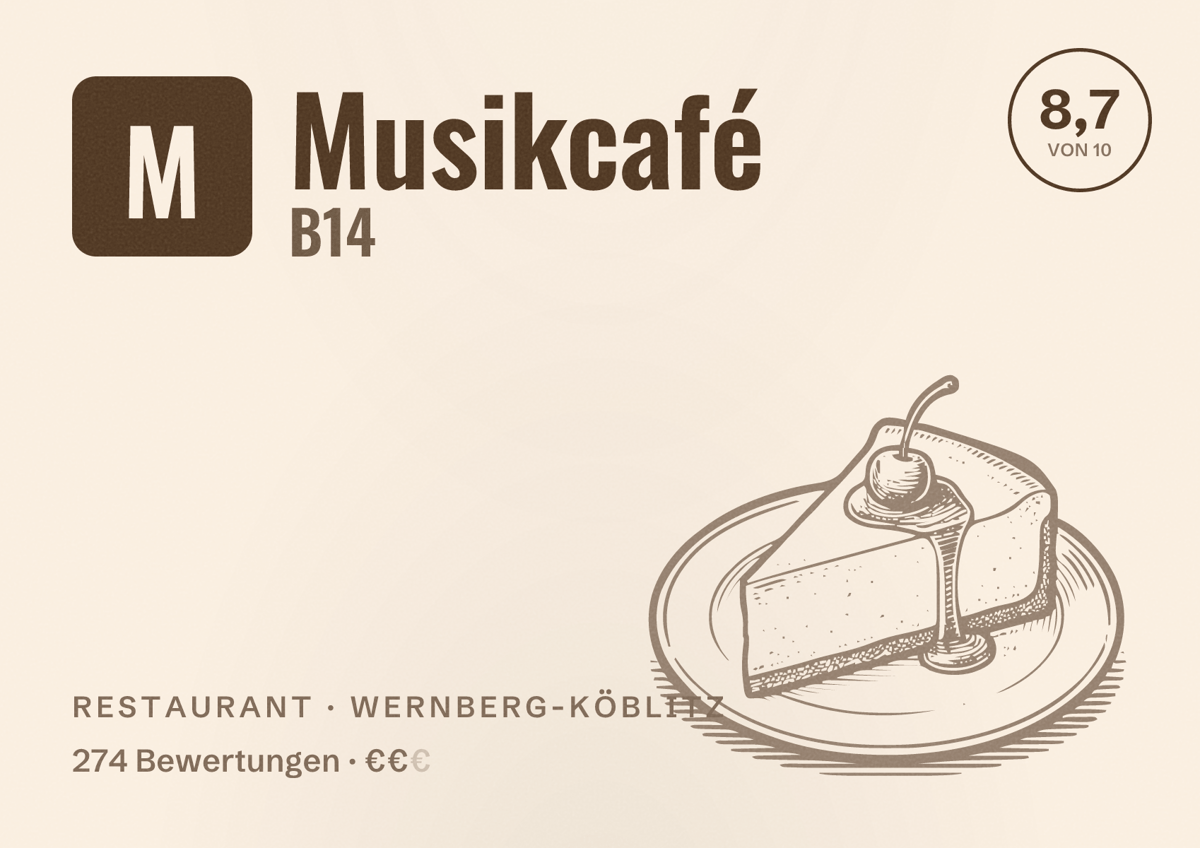 Illustriertes Poster von Musikcafé B14, Restaurant in Wernberg-Köblitz: Bewertung 8,7 von 10 aus 274 Bewertungen, Preisniveau €€