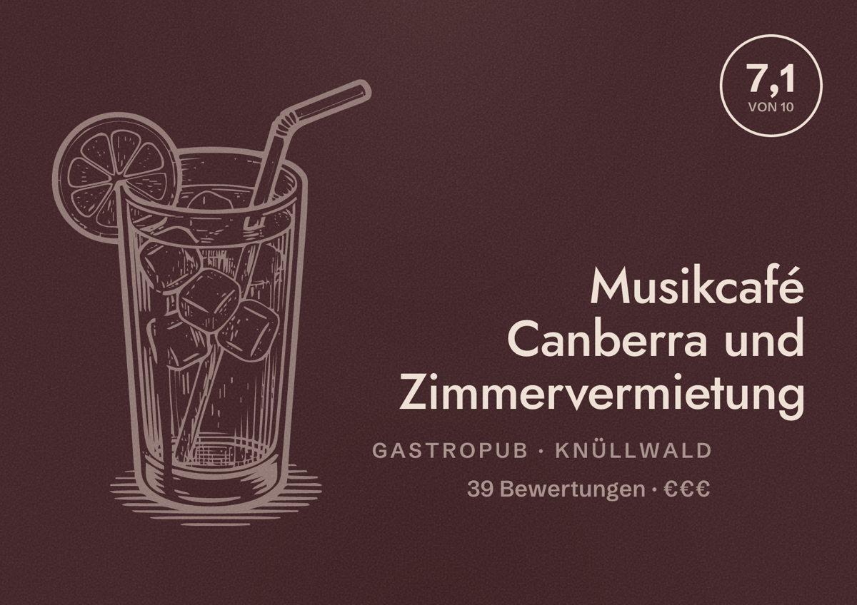 Illustriertes Poster von Musikcafé Canberra und Zimmervermietung, Gastropub in Knüllwald: Bewertung 7,1 von 10 aus 39 Bewertungen, Preisniveau €€€