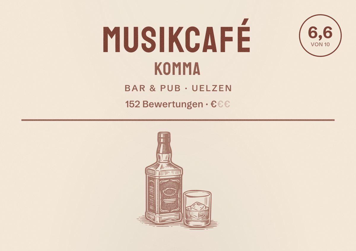 Illustriertes Poster von Musikcafé Komma, Bar & Pub in Uelzen: Bewertung 6,6 von 10 aus 152 Bewertungen, Preisniveau €