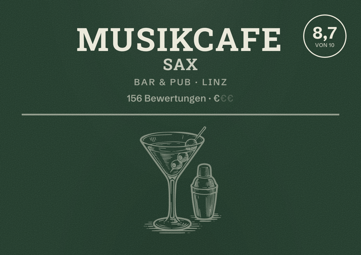 Illustriertes Poster von Musikcafe Sax, Bar & Pub in Linz: Bewertung 8,7 von 10 aus 156 Bewertungen, Preisniveau €