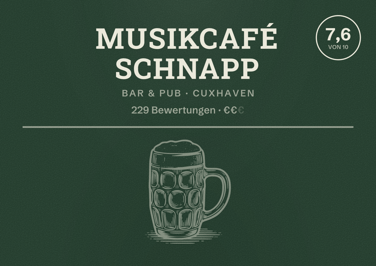 Illustriertes Poster von Musikcafé Schnapp, Bar & Pub in Cuxhaven: Bewertung 7,6 von 10 aus 229 Bewertungen, Preisniveau €€