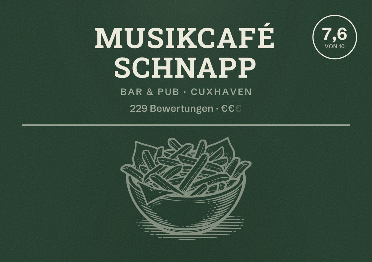 Illustriertes Poster von Musikcafé Schnapp, Bar & Pub in Cuxhaven: Bewertung 7,6 von 10 aus 229 Bewertungen, Preisniveau €€