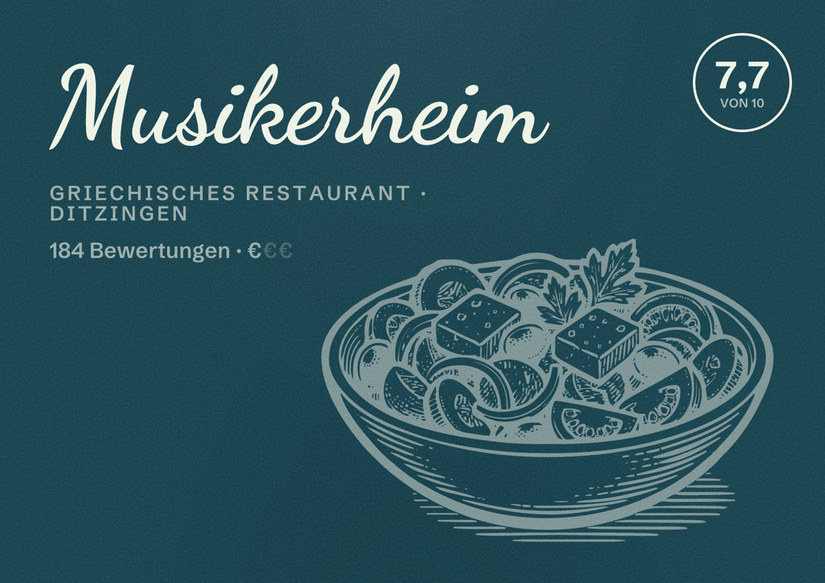 Illustriertes Poster von Musikerheim, Griechisches Restaurant in Ditzingen: Bewertung 7,7 von 10 aus 184 Bewertungen, Preisniveau €