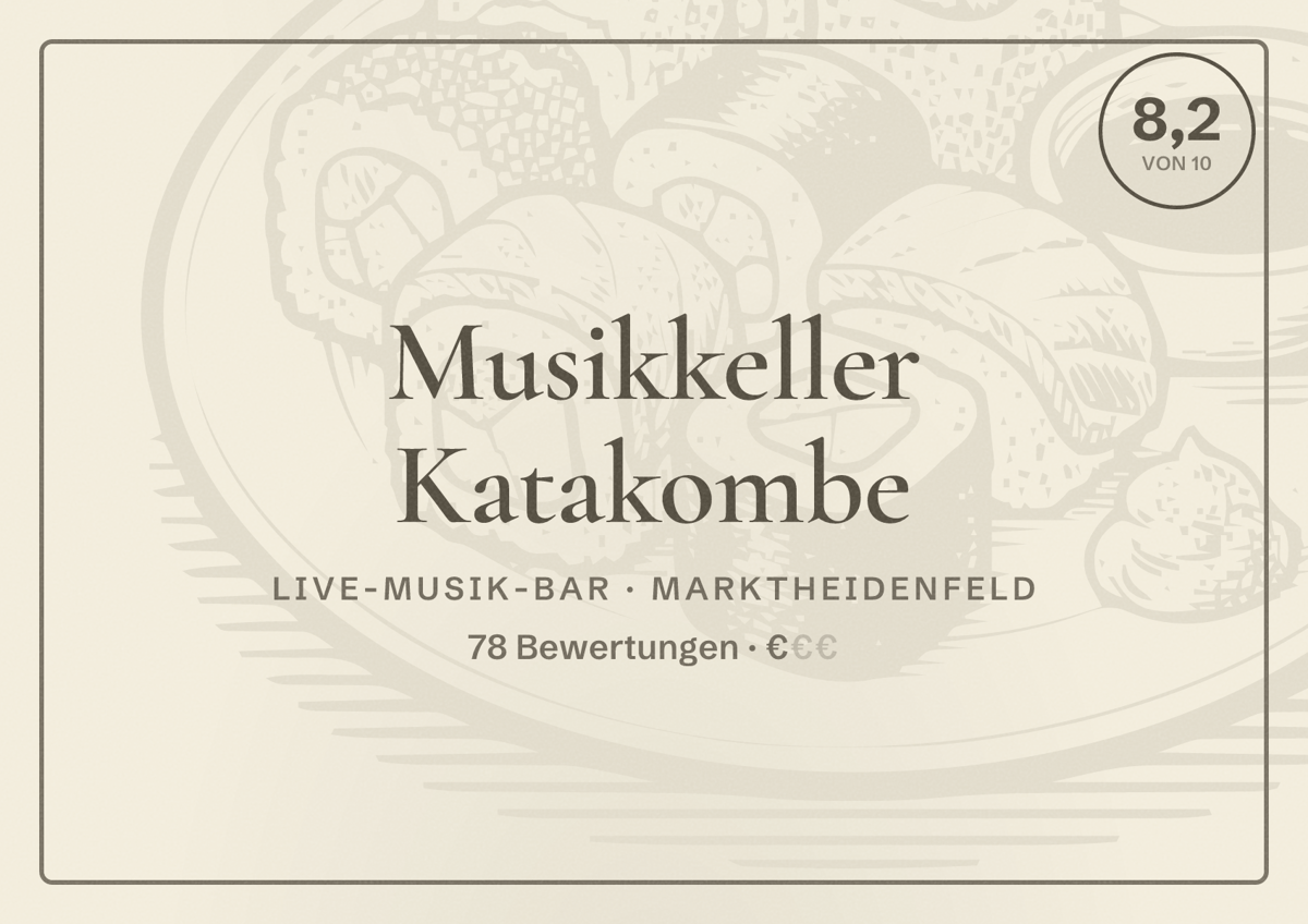 Illustriertes Poster von Musikkeller Katakombe, Live-Musik-Bar in Marktheidenfeld: Bewertung 8,2 von 10 aus 78 Bewertungen, Preisniveau €