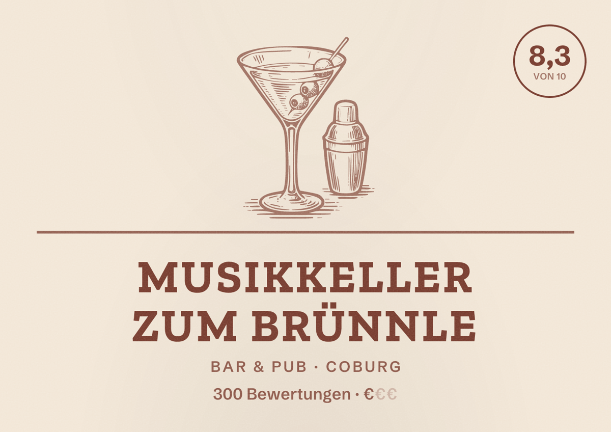 Illustriertes Poster von Musikkeller Zum Brünnle, Bar & Pub in Coburg: Bewertung 8,3 von 10 aus 300 Bewertungen, Preisniveau €