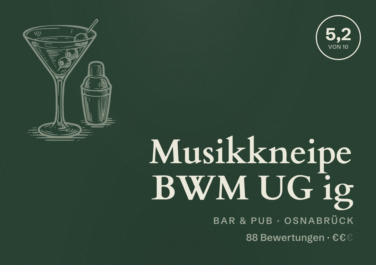 Illustriertes Poster von Musikkneipe BWM UG ig, Bar & Pub in Osnabrück: Bewertung 5,2 von 10 aus 88 Bewertungen, Preisniveau €€