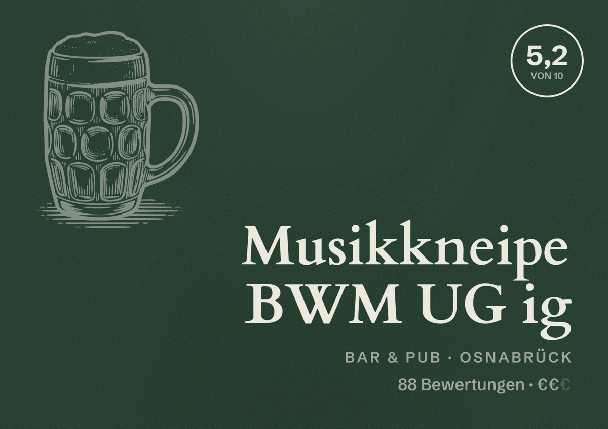 Illustriertes Poster von Musikkneipe BWM UG ig, Bar & Pub in Osnabrück: Bewertung 5,2 von 10 aus 88 Bewertungen, Preisniveau €€