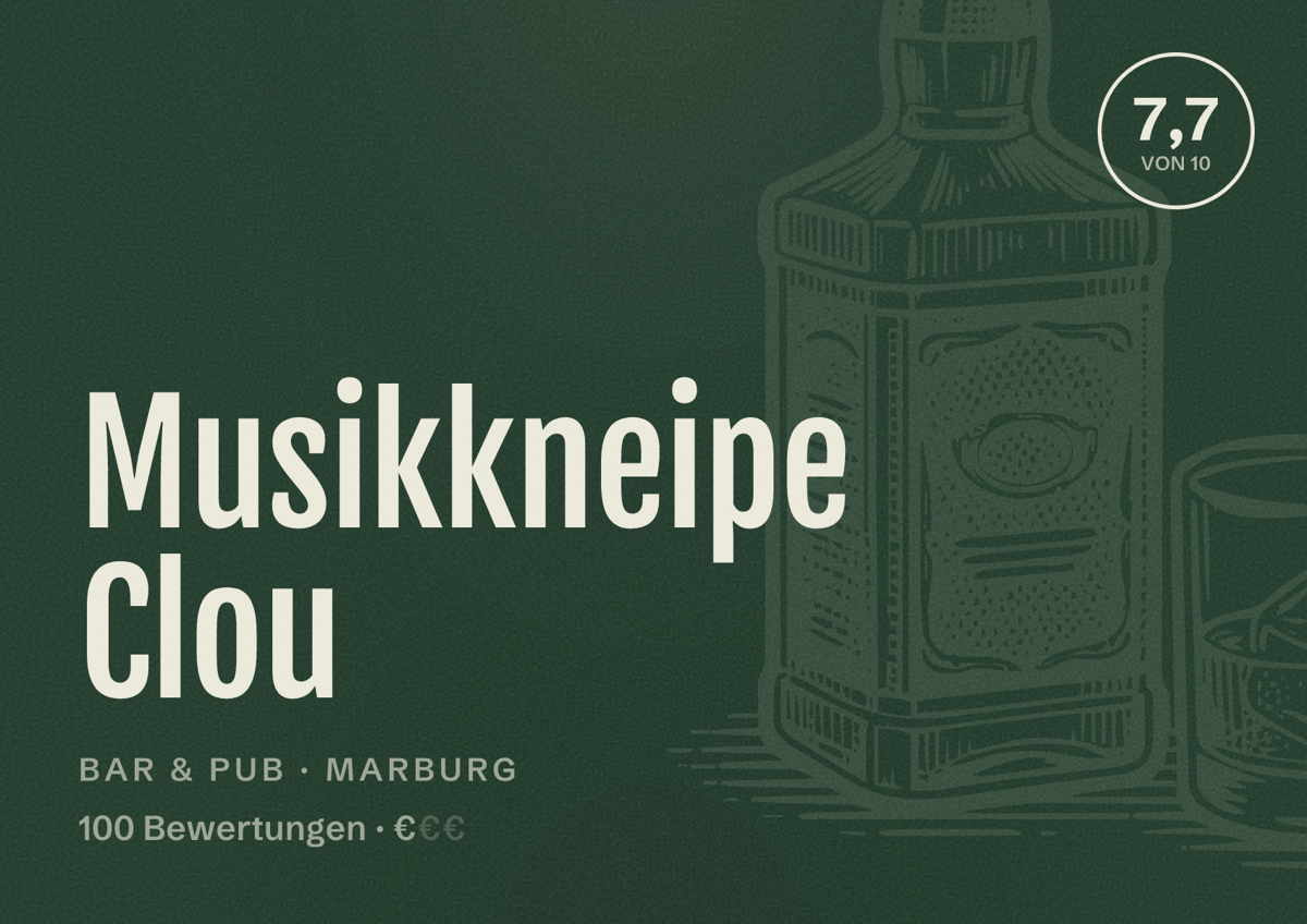 Illustriertes Poster von Musikkneipe Clou, Bar & Pub in Marburg: Bewertung 7,7 von 10 aus 100 Bewertungen, Preisniveau €