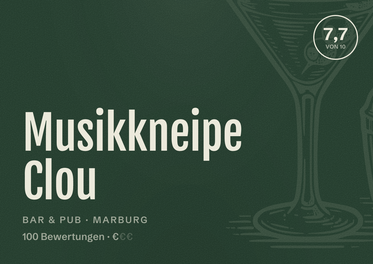 Illustriertes Poster von Musikkneipe Clou, Bar & Pub in Marburg: Bewertung 7,7 von 10 aus 100 Bewertungen, Preisniveau €