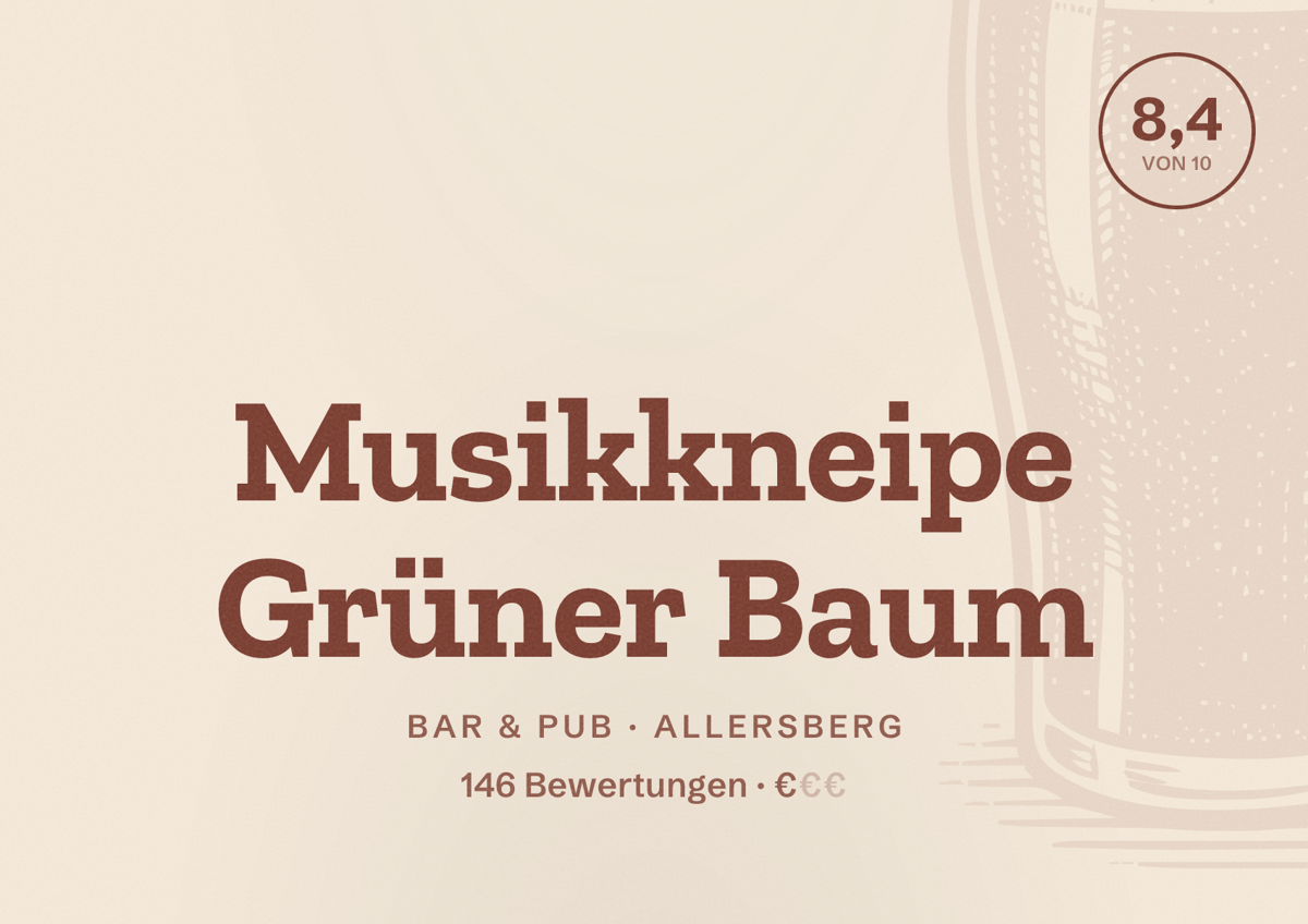 Illustriertes Poster von Musikkneipe Grüner Baum, Bar & Pub in Allersberg: Bewertung 8,4 von 10 aus 146 Bewertungen, Preisniveau €