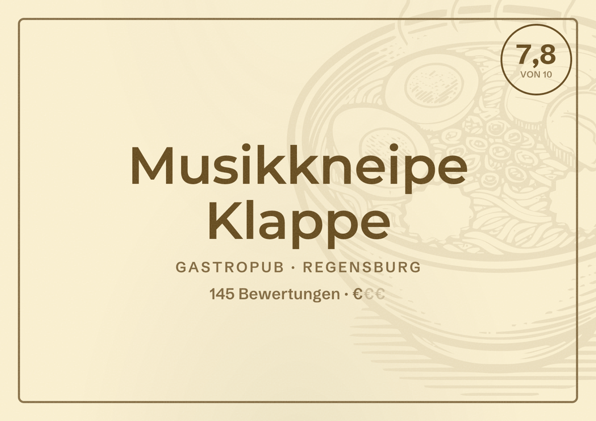Illustriertes Poster von Musikkneipe Klappe, Gastropub in Regensburg: Bewertung 7,8 von 10 aus 145 Bewertungen, Preisniveau €