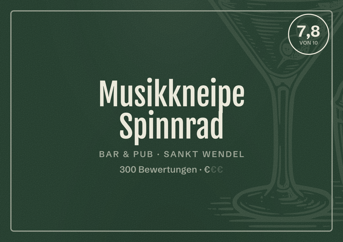 Illustriertes Poster von Musikkneipe Spinnrad, Bar & Pub in Sankt Wendel: Bewertung 7,8 von 10 aus 300 Bewertungen, Preisniveau €