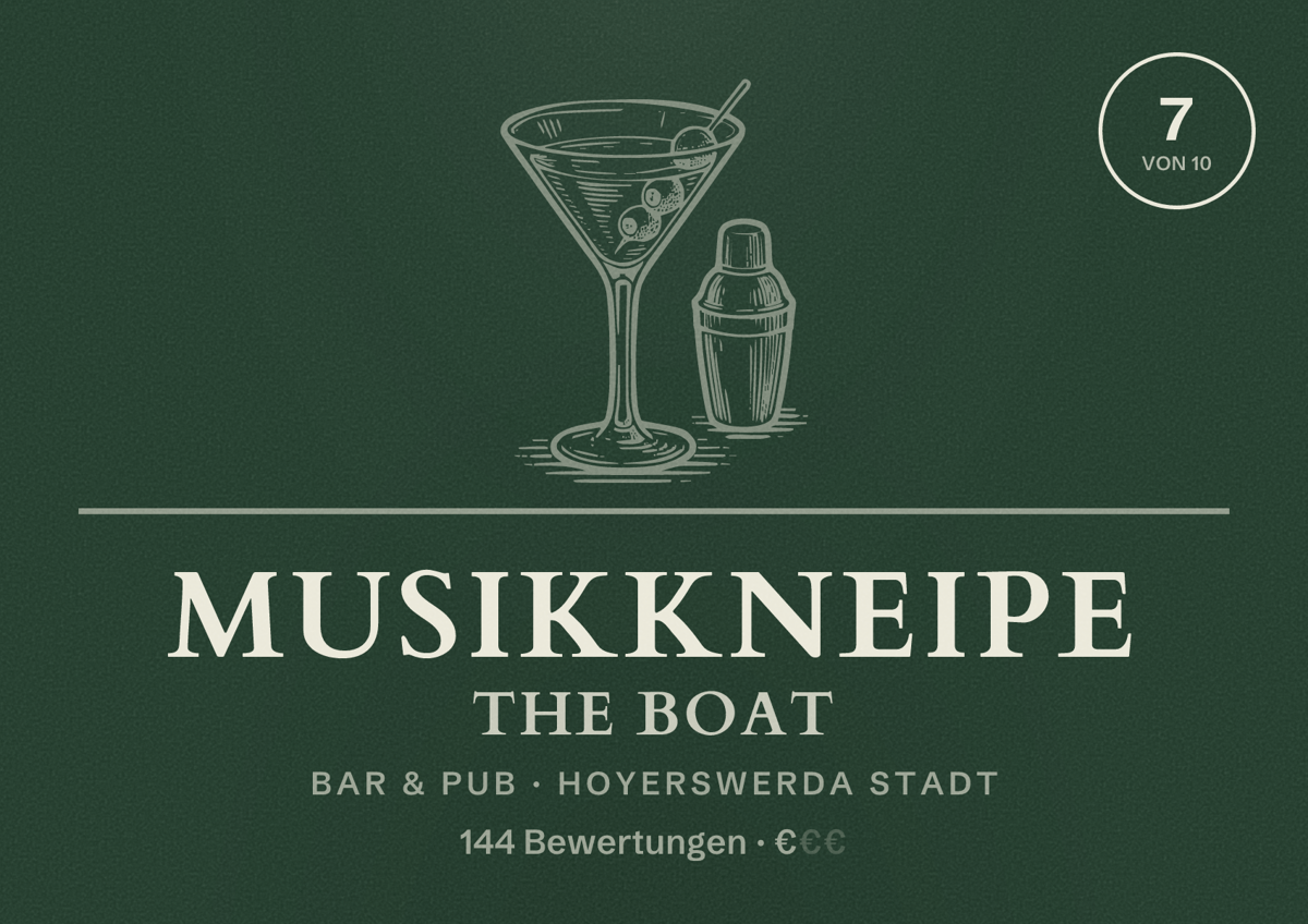 Illustriertes Poster von Musikkneipe The boat, Bar & Pub in Hoyerswerda Stadt: Bewertung 7 von 10 aus 144 Bewertungen, Preisniveau €