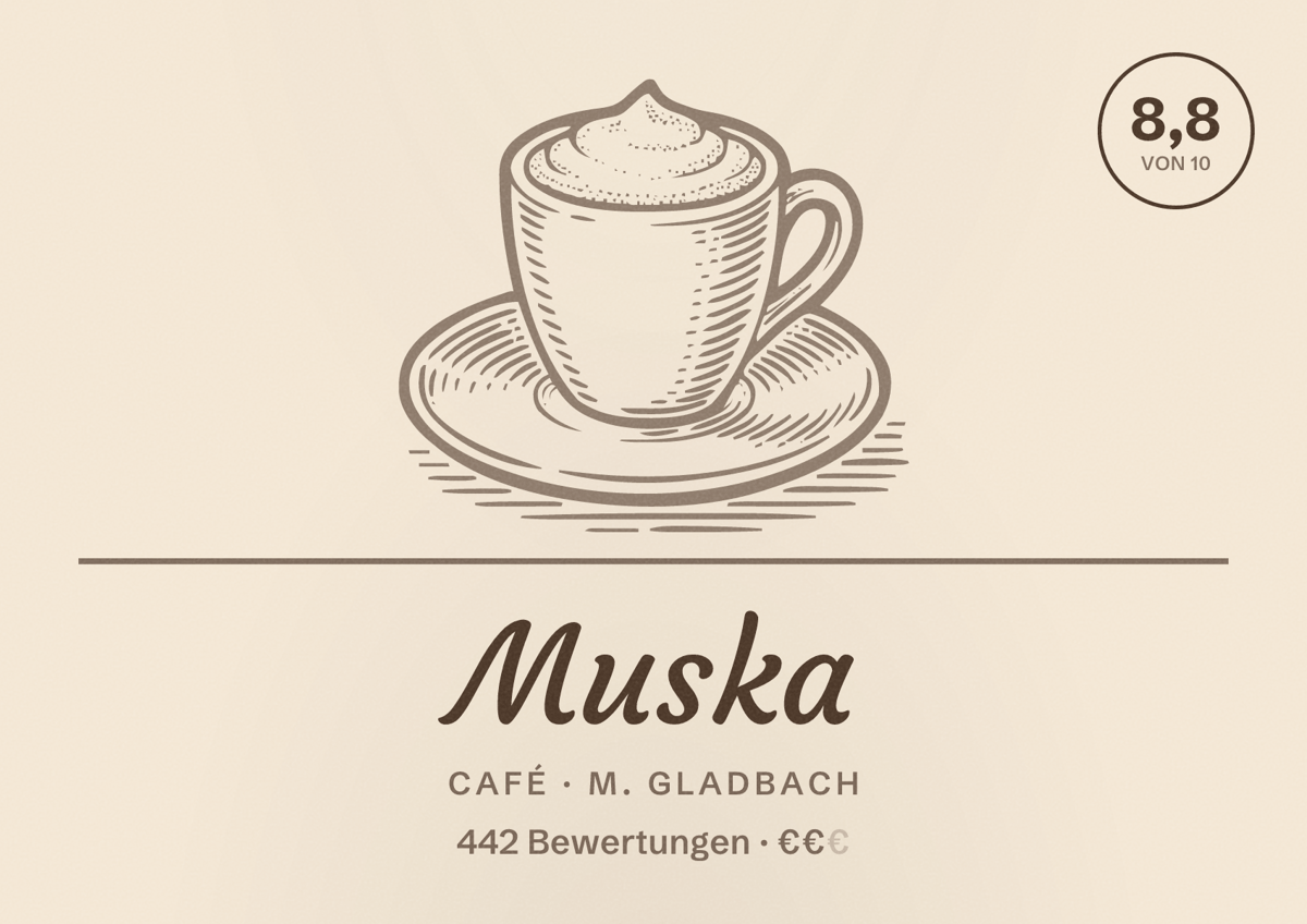 Illustriertes Poster von Muska, Café in M. Gladbach: Bewertung 8,8 von 10 aus 442 Bewertungen, Preisniveau €€