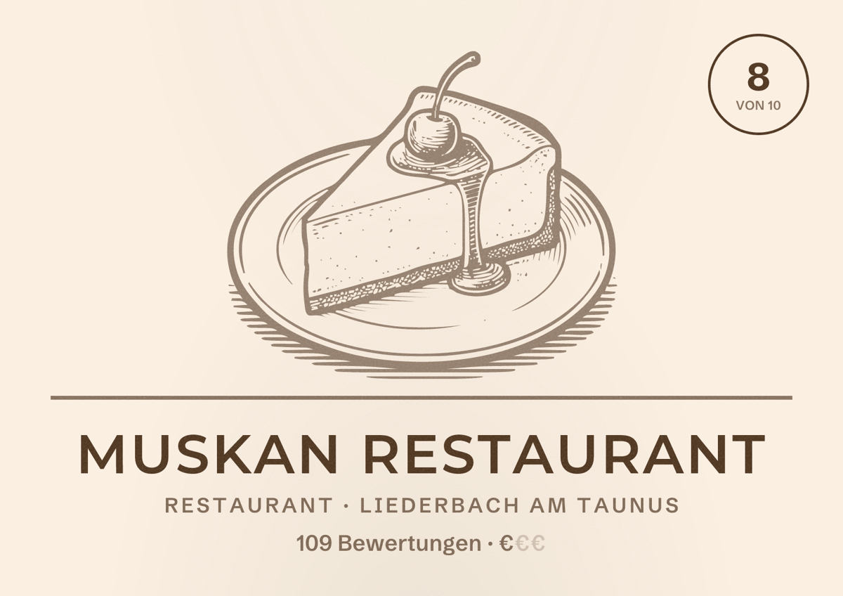 Illustriertes Poster von Muskan Restaurant, Restaurant in Liederbach am Taunus: Bewertung 8 von 10 aus 109 Bewertungen, Preisniveau €