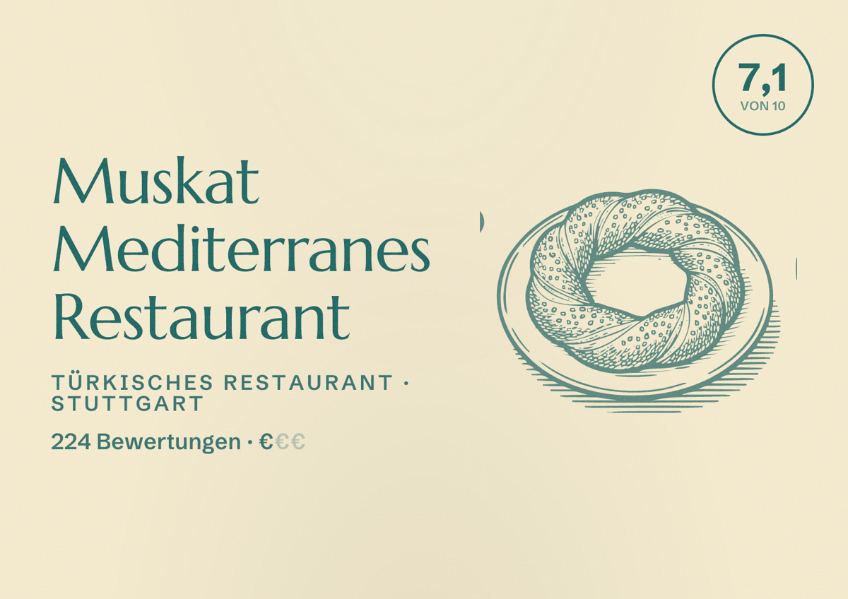 Illustriertes Poster von Muskat Mediterranes Restaurant, Türkisches Restaurant in Stuttgart: Bewertung 7,1 von 10 aus 224 Bewertungen, Preisniveau €