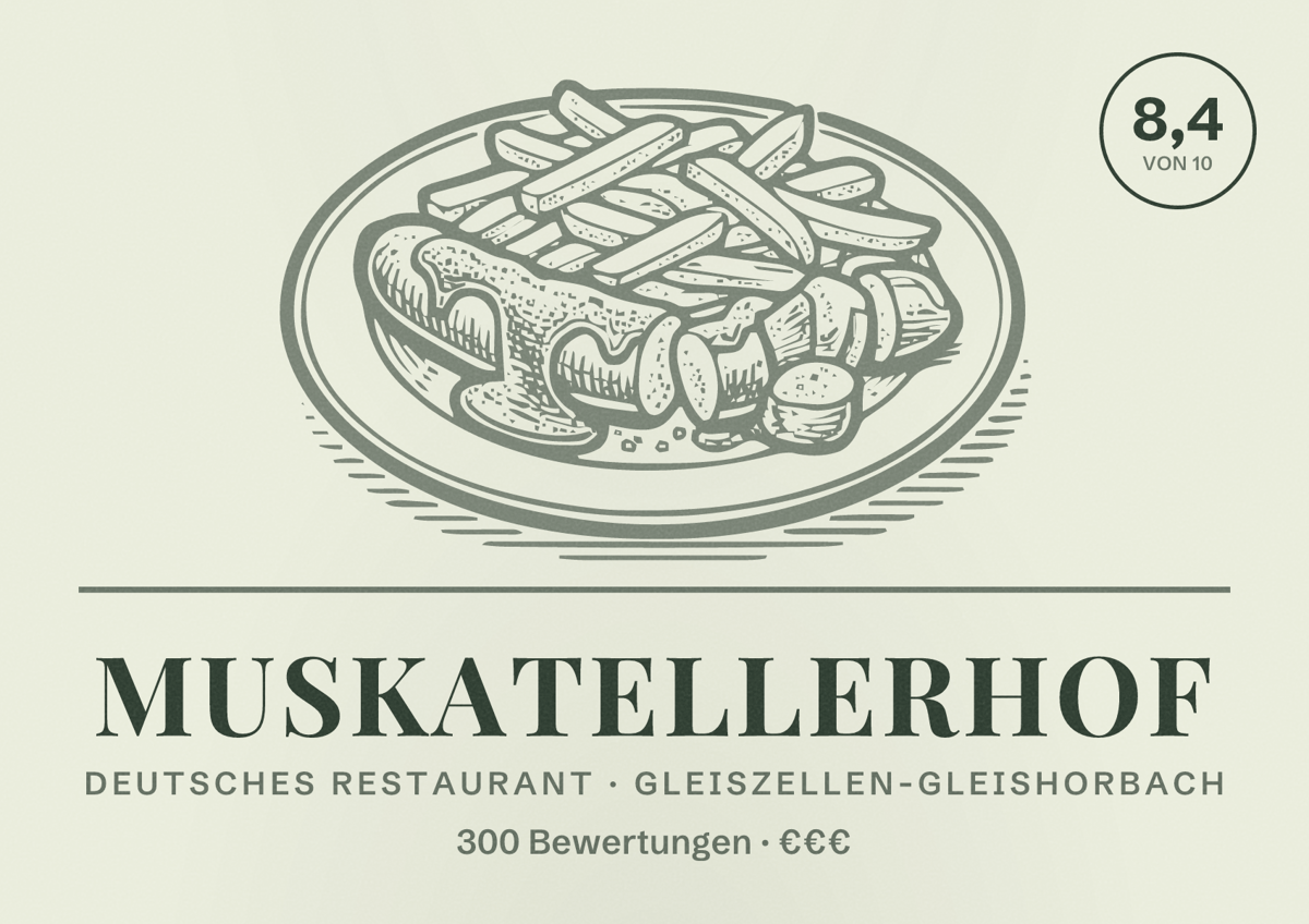 Illustriertes Poster von Muskatellerhof, Deutsches Restaurant in Gleiszellen-Gleishorbach: Bewertung 8,4 von 10 aus 300 Bewertungen, Preisniveau €€€