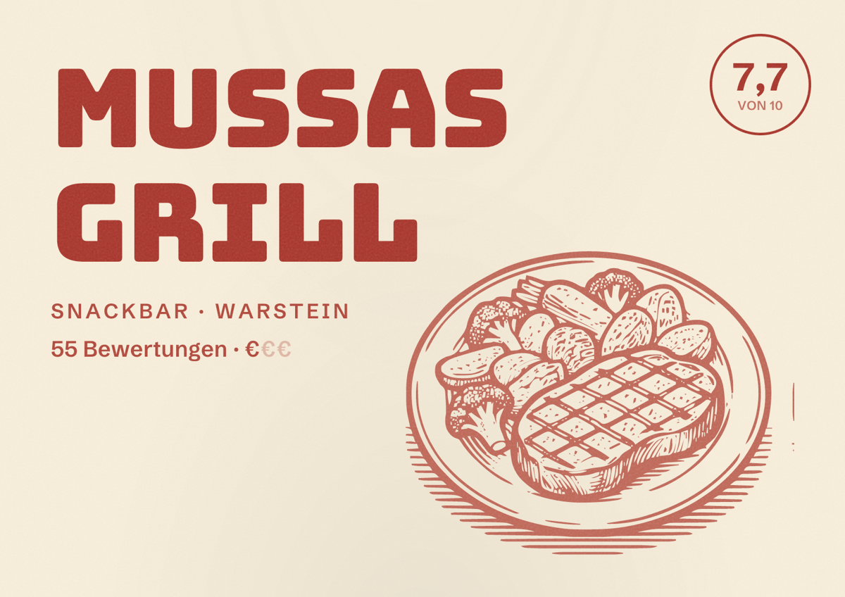 Illustriertes Poster von Mussas Grill, Snackbar in Warstein: Bewertung 7,7 von 10 aus 55 Bewertungen, Preisniveau €