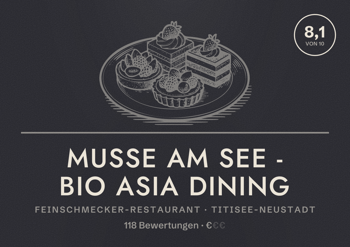 Illustriertes Poster von Muße am See - Bio Asia Dining, Feinschmecker-Restaurant in Titisee-Neustadt: Bewertung 8,1 von 10 aus 118 Bewertungen, Preisniveau €