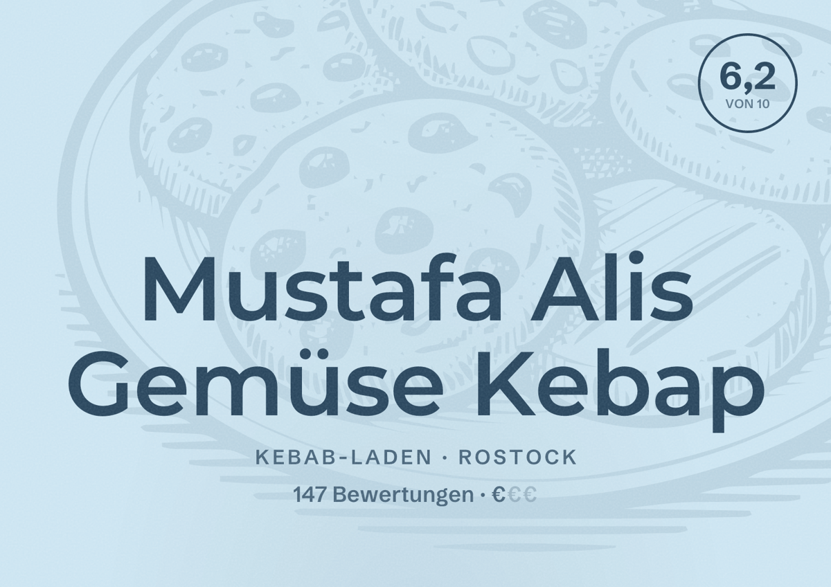 Illustriertes Poster von Mustafa Alis Gemüse Kebap, Kebab-Laden in Rostock: Bewertung 6,2 von 10 aus 147 Bewertungen, Preisniveau €