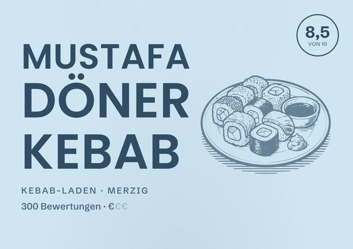 Illustriertes Poster von Mustafa Döner Kebab, Kebab-Laden in Merzig: Bewertung 8,5 von 10 aus 300 Bewertungen, Preisniveau €