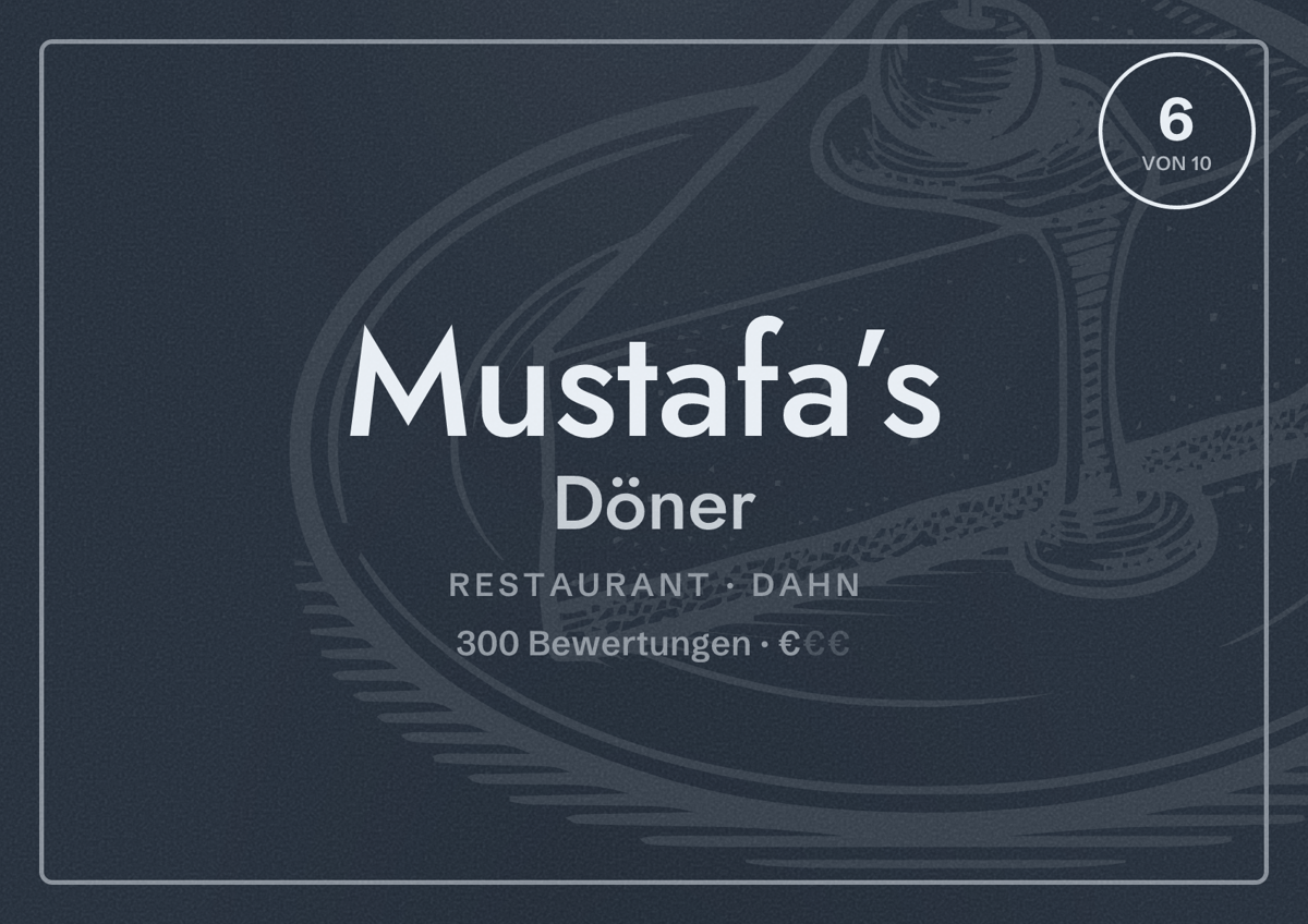 Illustriertes Poster von Mustafa’s Döner, Restaurant in Dahn: Bewertung 6 von 10 aus 300 Bewertungen, Preisniveau €
