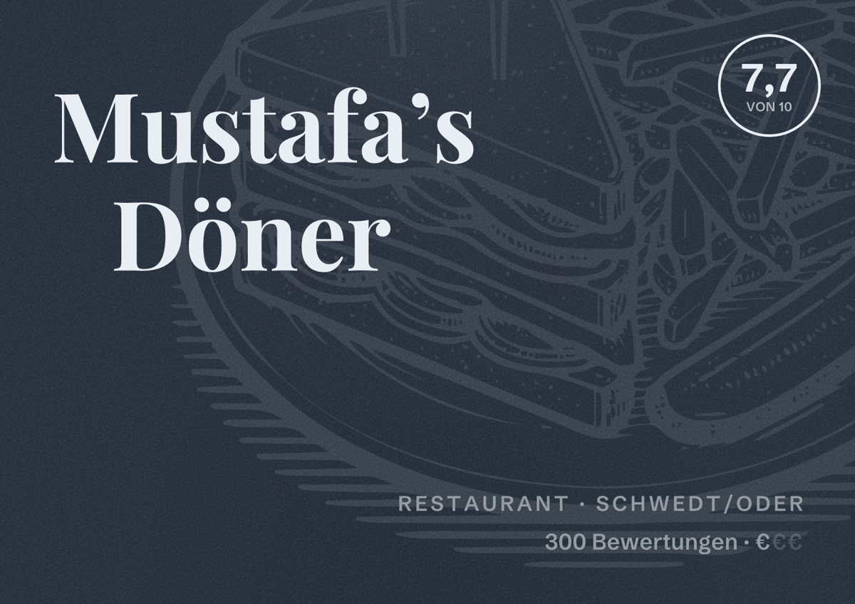 Illustriertes Poster von Mustafa’s Döner, Restaurant in Schwedt/Oder: Bewertung 7,7 von 10 aus 300 Bewertungen, Preisniveau €