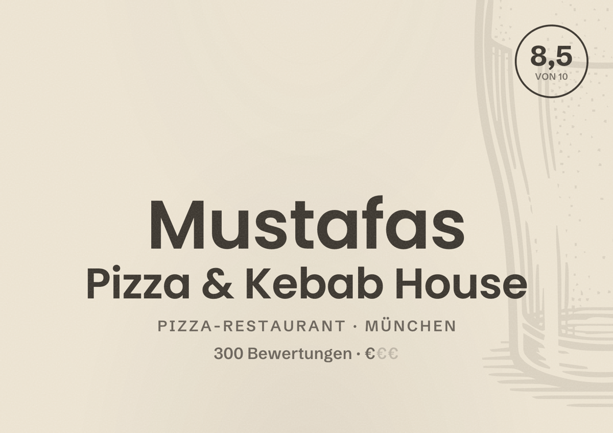 Illustriertes Poster von Mustafas Pizza & Kebab House, Pizza-Restaurant in München: Bewertung 8,5 von 10 aus 300 Bewertungen, Preisniveau €