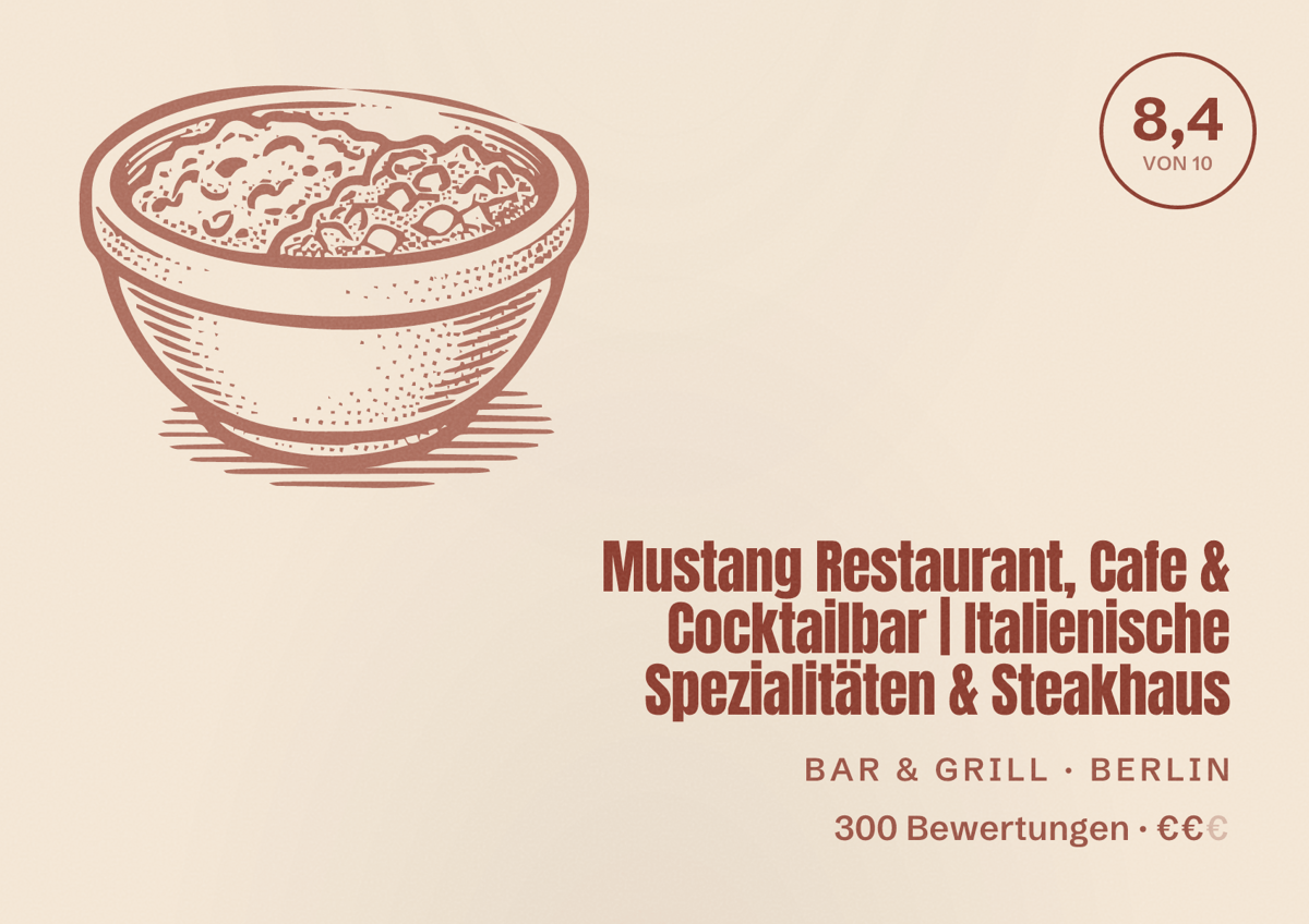 Illustriertes Poster von Mustang Restaurant, Cafe & Cocktailbar | Italienische Spezialitäten & Steakhaus, Bar & Grill in Berlin: Bewertung 8,4 von 10 aus 300 Bewertungen, Preisniveau €€