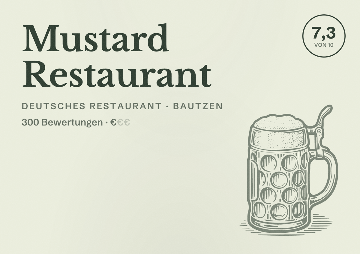 Illustriertes Poster von Mustard Restaurant, Deutsches Restaurant in Bautzen: Bewertung 7,3 von 10 aus 300 Bewertungen, Preisniveau €