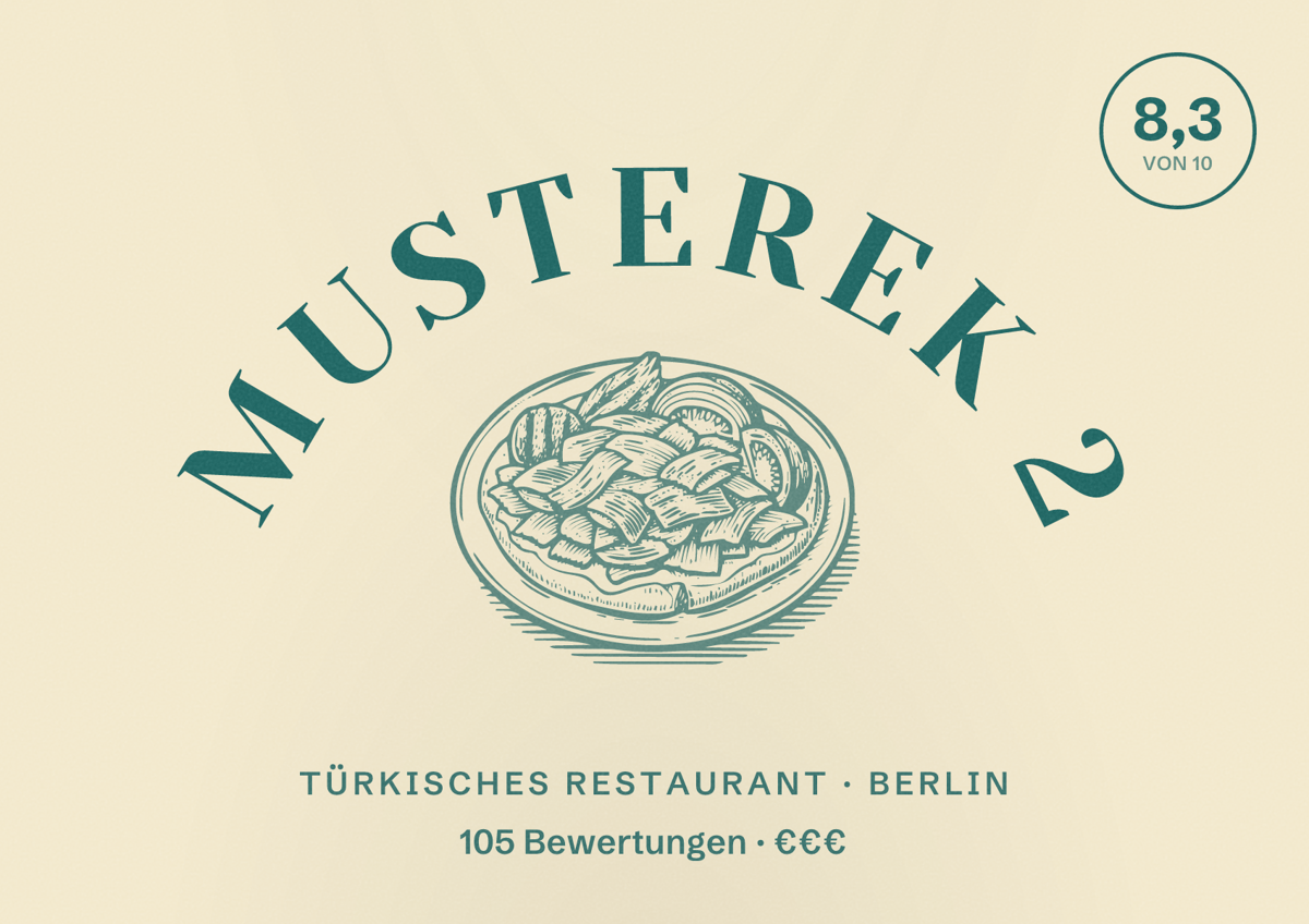 Illustriertes Poster von Musterek 2, Türkisches Restaurant in Berlin: Bewertung 8,3 von 10 aus 105 Bewertungen, Preisniveau €€€