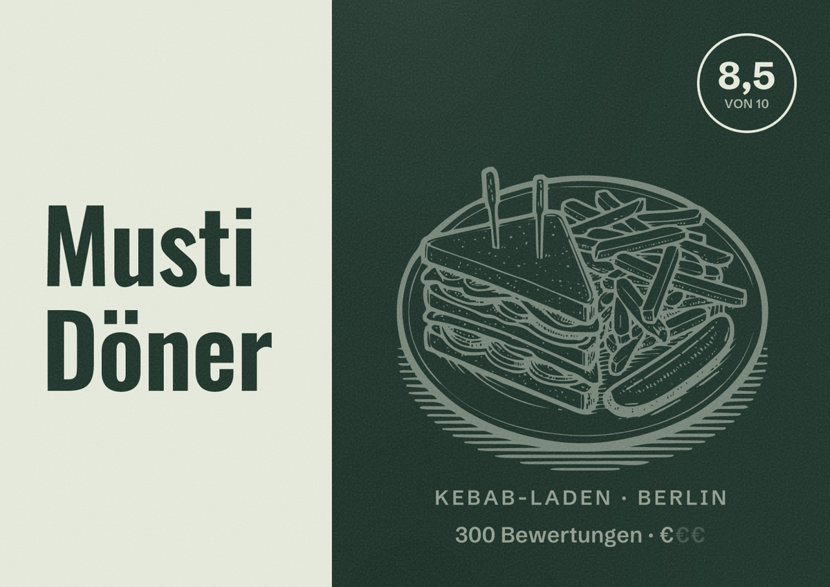Illustriertes Poster von Musti Döner, Kebab-Laden in Berlin: Bewertung 8,5 von 10 aus 300 Bewertungen, Preisniveau €
