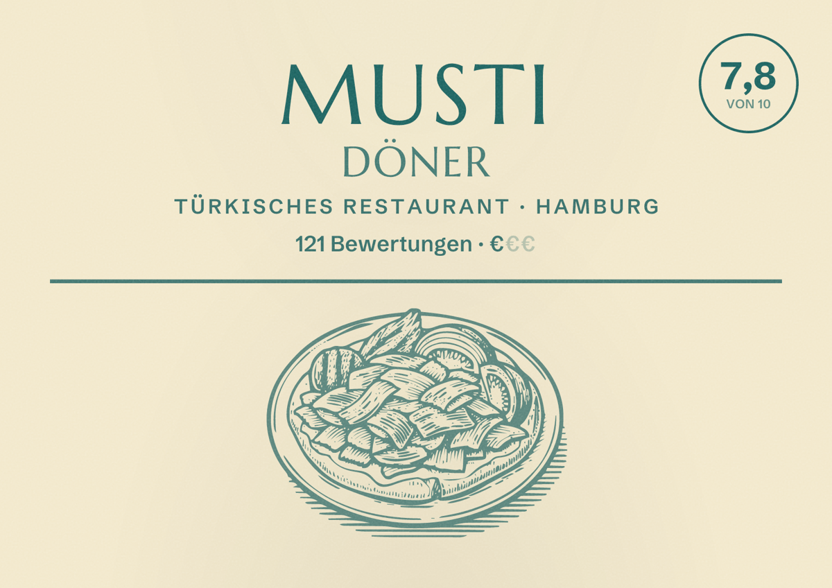 Illustriertes Poster von Musti Döner, Türkisches Restaurant in Hamburg: Bewertung 7,8 von 10 aus 121 Bewertungen, Preisniveau €