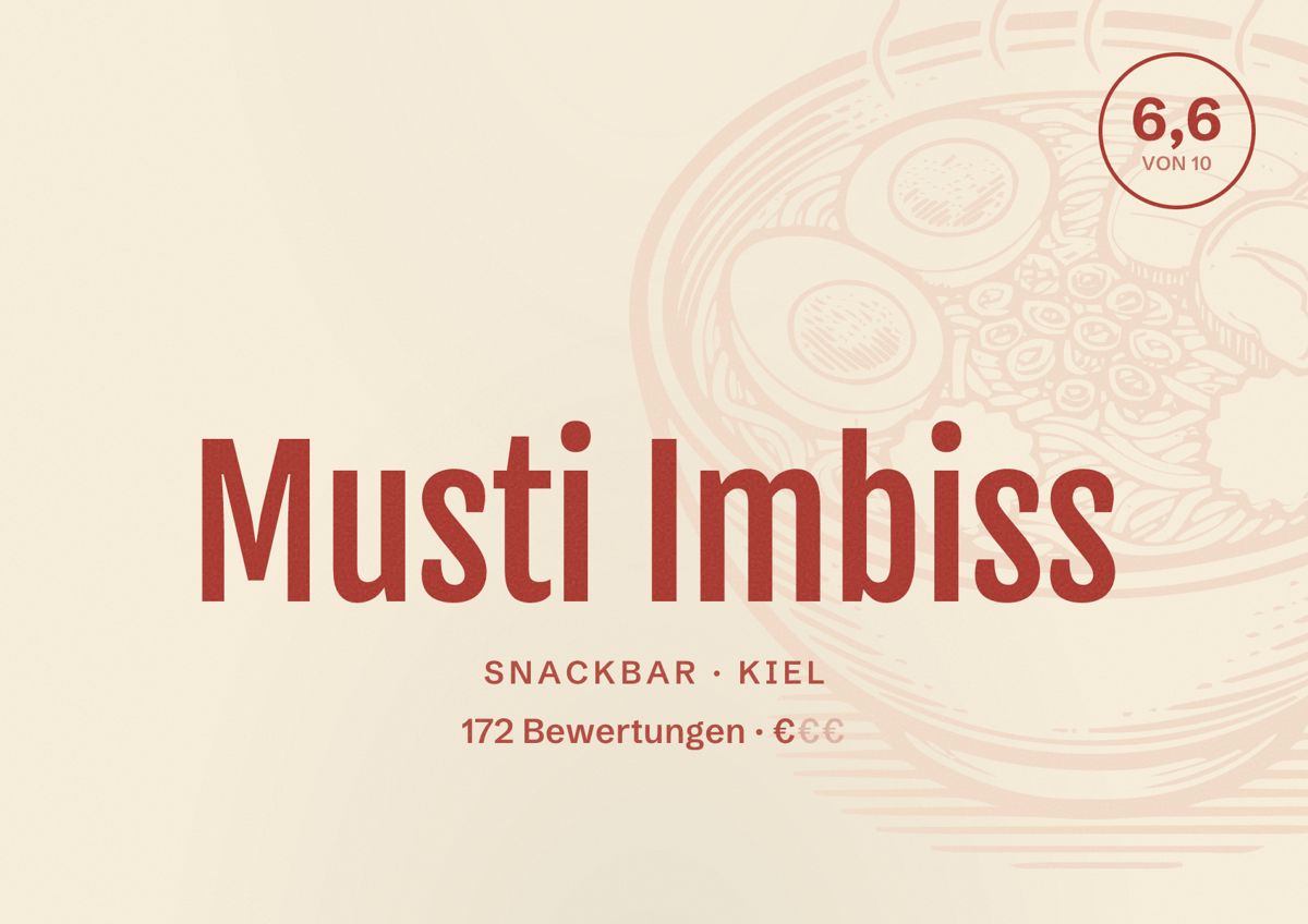 Illustriertes Poster von Musti Imbiss, Snackbar in Kiel: Bewertung 6,6 von 10 aus 172 Bewertungen, Preisniveau €