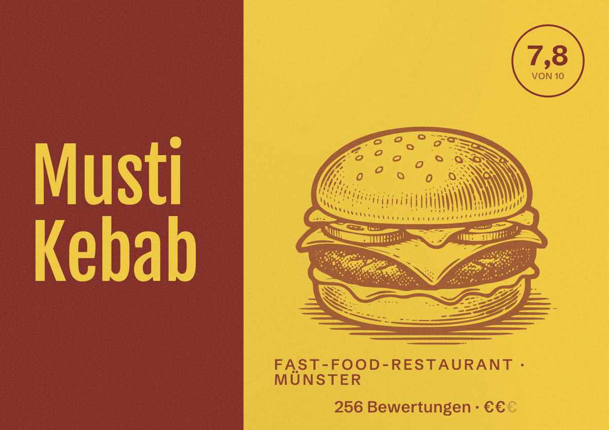 Illustriertes Poster von Musti Kebab, Fast-Food-Restaurant in Münster: Bewertung 7,8 von 10 aus 256 Bewertungen, Preisniveau €€